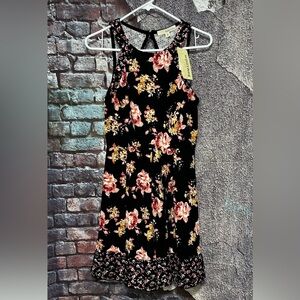 Rewind Floral Skater Dress Medium Sleeveless Pleated Black/Pink Brand New